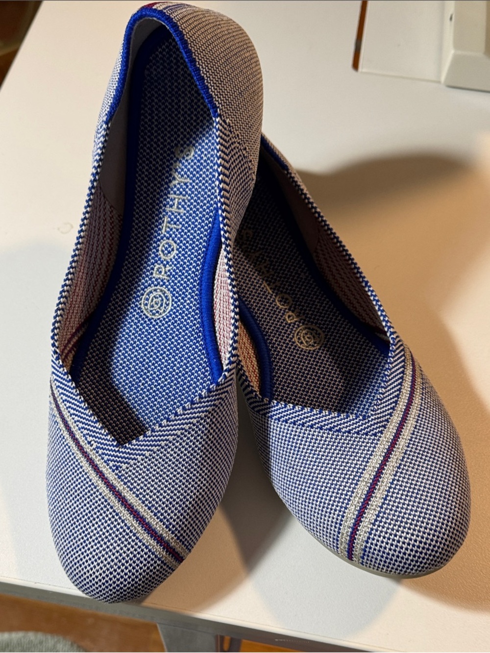 Rothy's Blue Knit Flats, retired style with Reflective Red Stripe, EUC, size 9